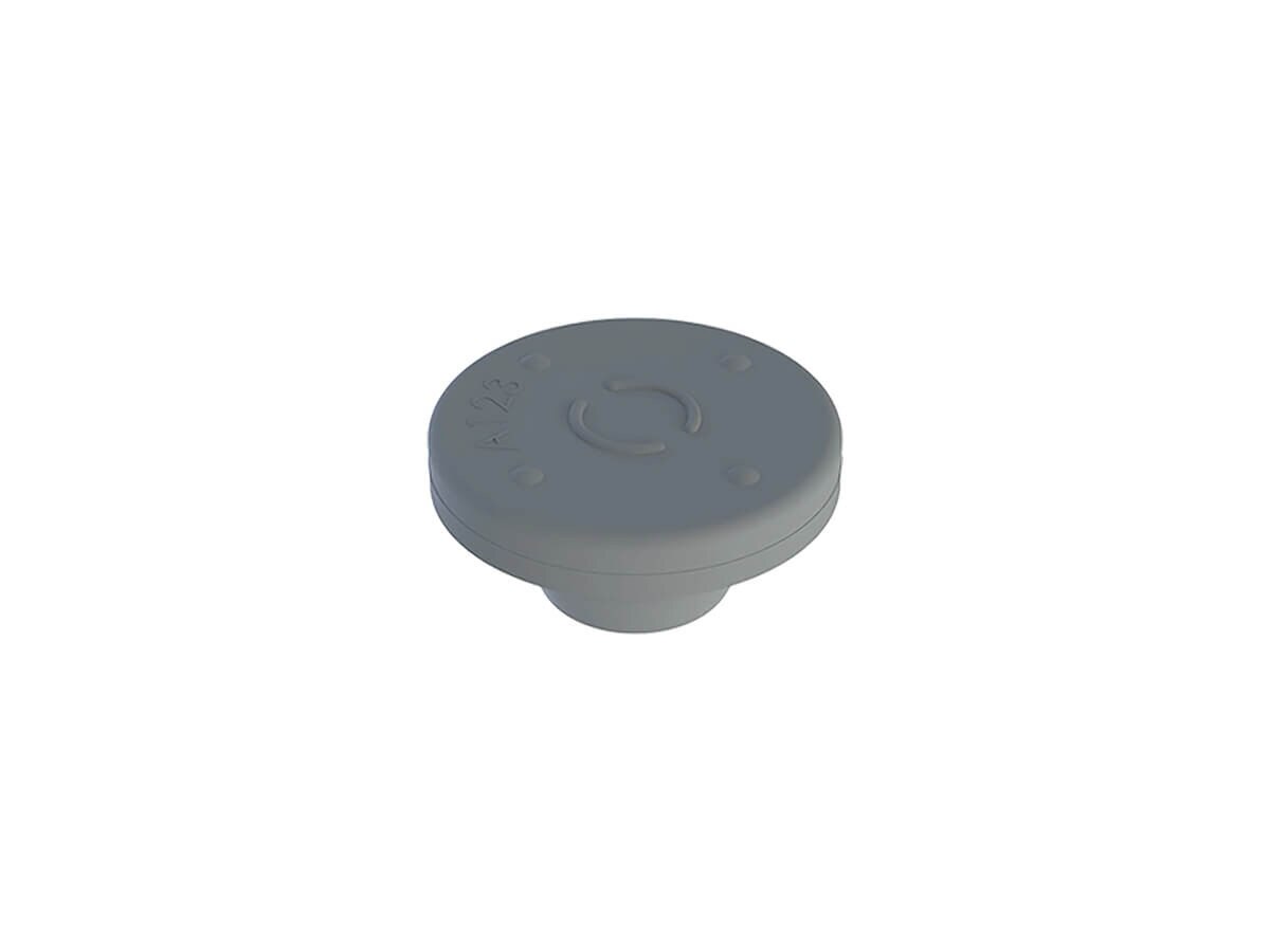 Prince SteriStopper 20 mm gray pharmaceutical vial stopper, angled view