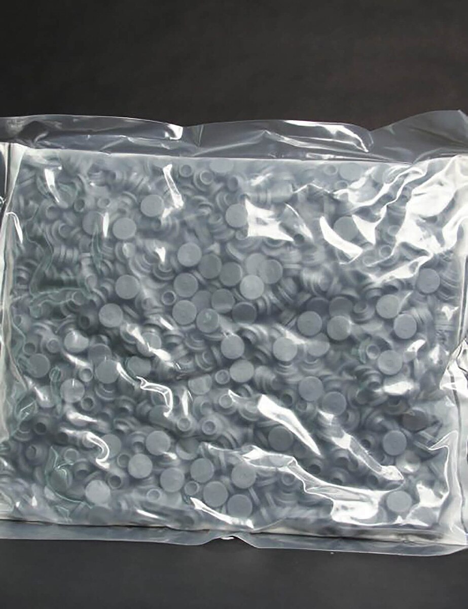 Sealed 200-count bag of Prince SteriStopper 20 mm gray vial stoppers