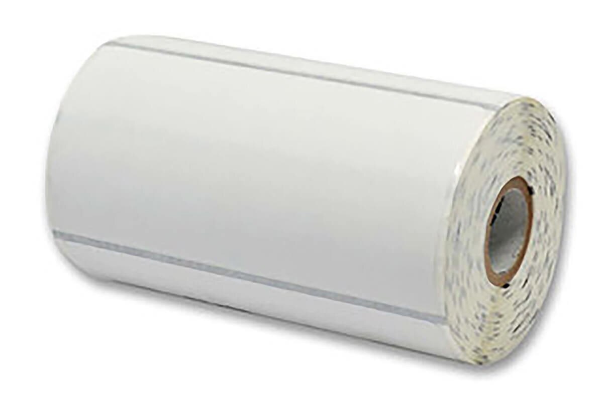 White 3.5" × 1.125" direct thermal label roll with removable adhesive, black sensing mark and 3" core