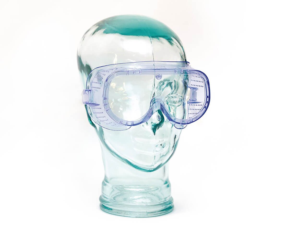 Angled view of VWR indirect-ventilation disposable safety goggles on a display head