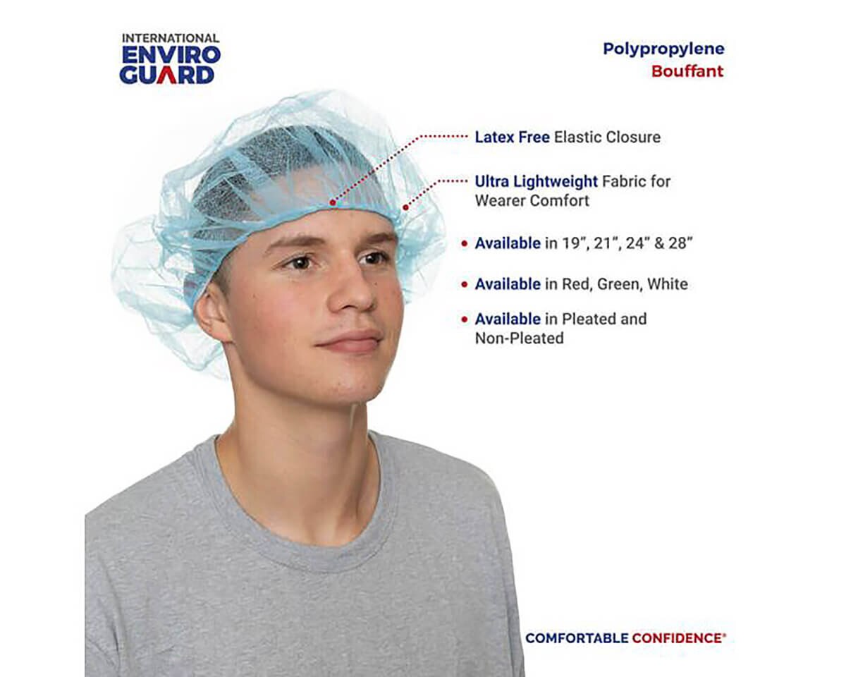 International Enviroguard blue polypropylene bouffant cap featuring latex-free elastic and lightweight fabric