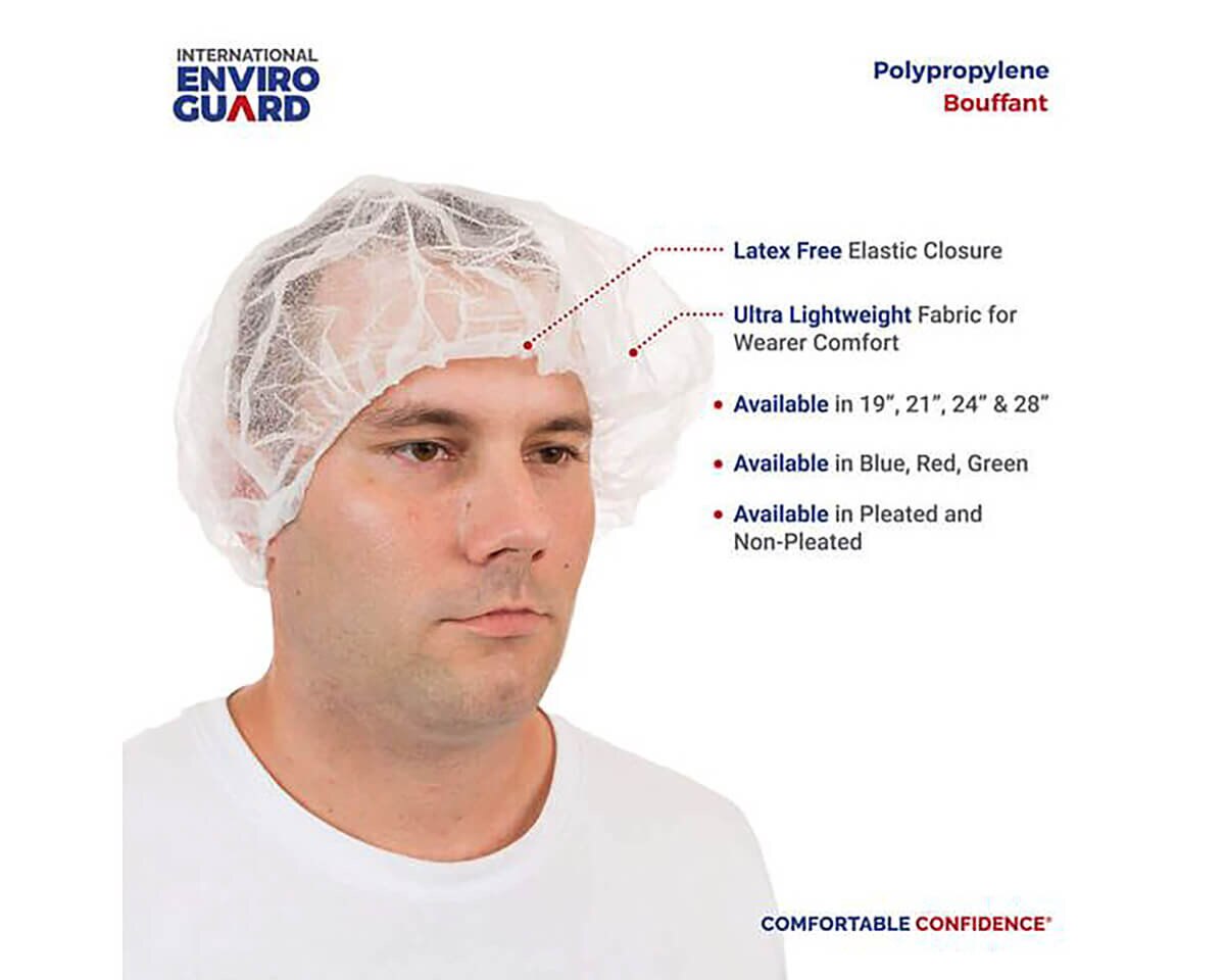 International Enviroguard white polypropylene bouffant cap infographic highlighting its latex-free elastic closure and lightweight fabric