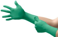 Person donning an Ansell TouchNTuff 93-700 green nitrile cleanroom glove