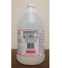 Single 1-gallon jug of technical-grade 70% Isopropyl Alcohol displayed on a countertop, showing full warning label and manufacturer information.