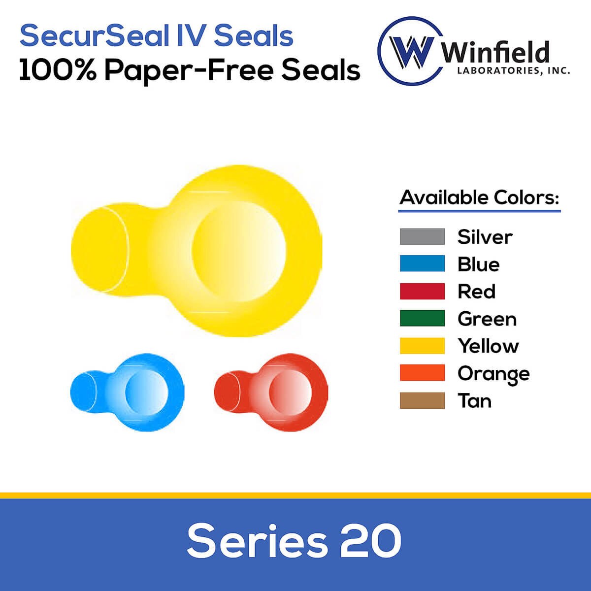 Winfield SecurSeal Series 20 vial seals in silver, blue, red, green, yellow, orange and tan