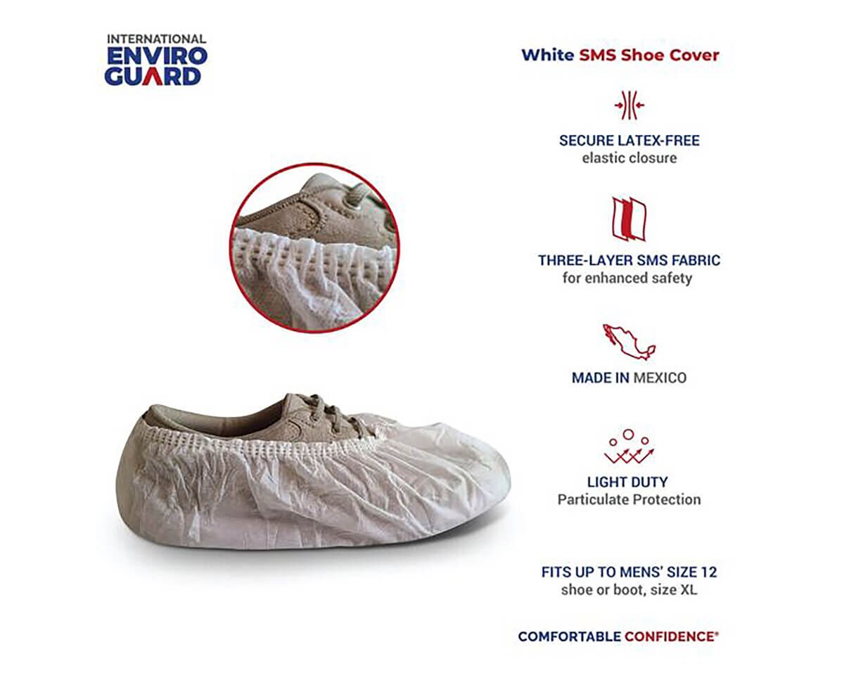 International Enviroguard white SMS shoe-cover infographic highlighting latex-free elastic, three-layer fabric, and light-duty particulate protection