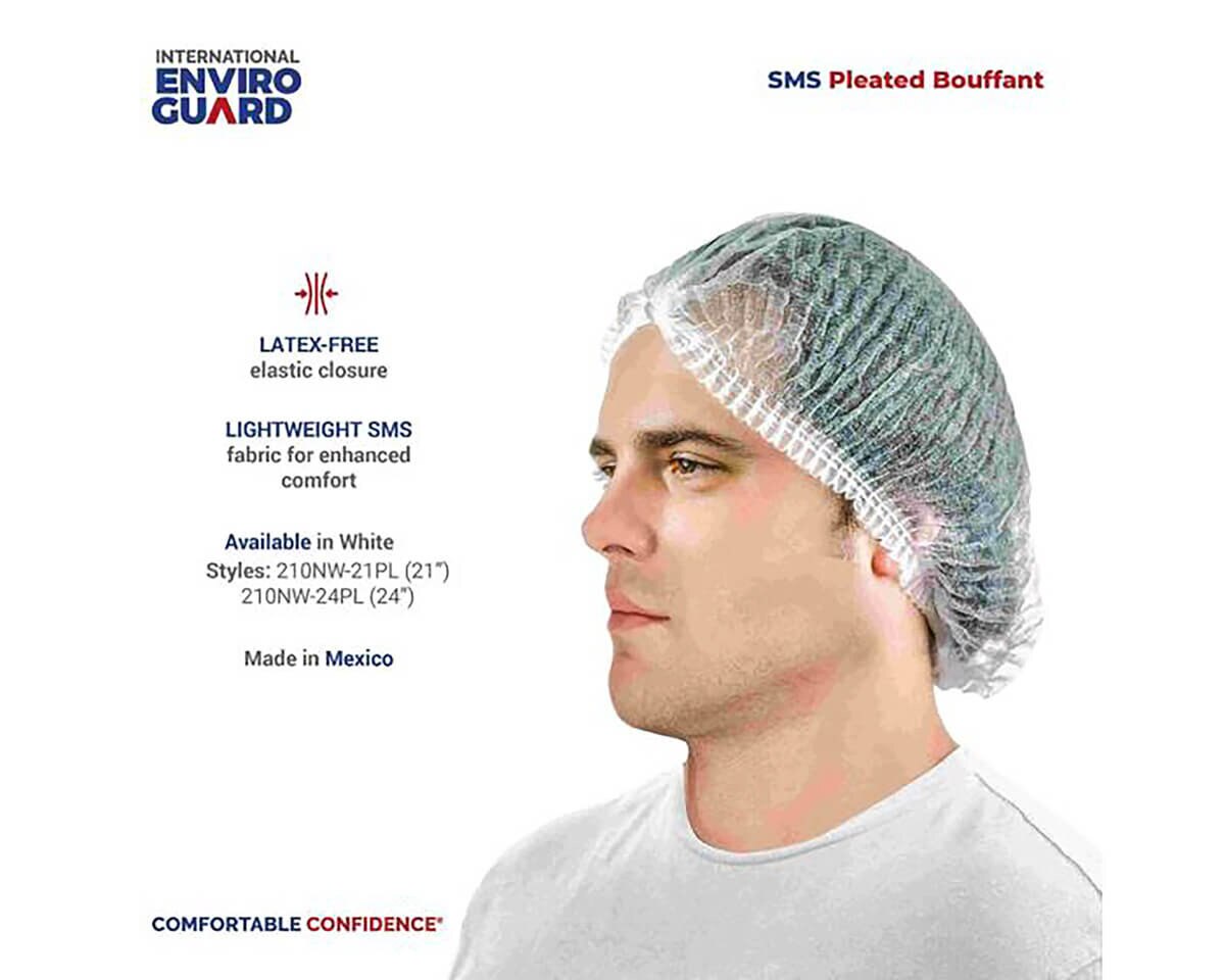 International Enviroguard white SMS pleated bouffant cap with latex-free elastic and lightweight fabric
