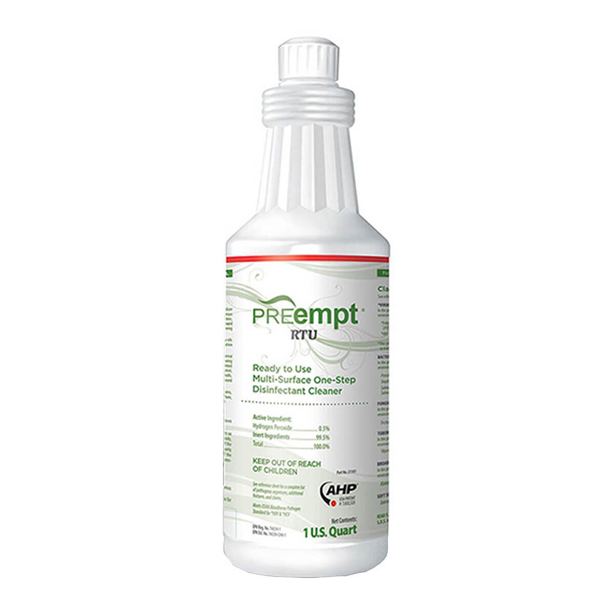 Front-facing 32oz pour bottle of PREempt RTU disinfectant solution showing full product label and usage details.