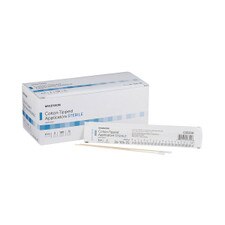 Box of McKesson sterile cotton-tipped applicators with peeled-open packet displaying two long wooden swabs in front of packaging.