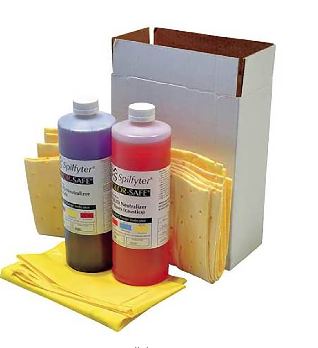 Non-sterile hazmat neutralizing spill kit with two chemical neutralizer bottles and yellow absorbent pads, packaged in a white box for laboratory or emergency spill cleanup use.