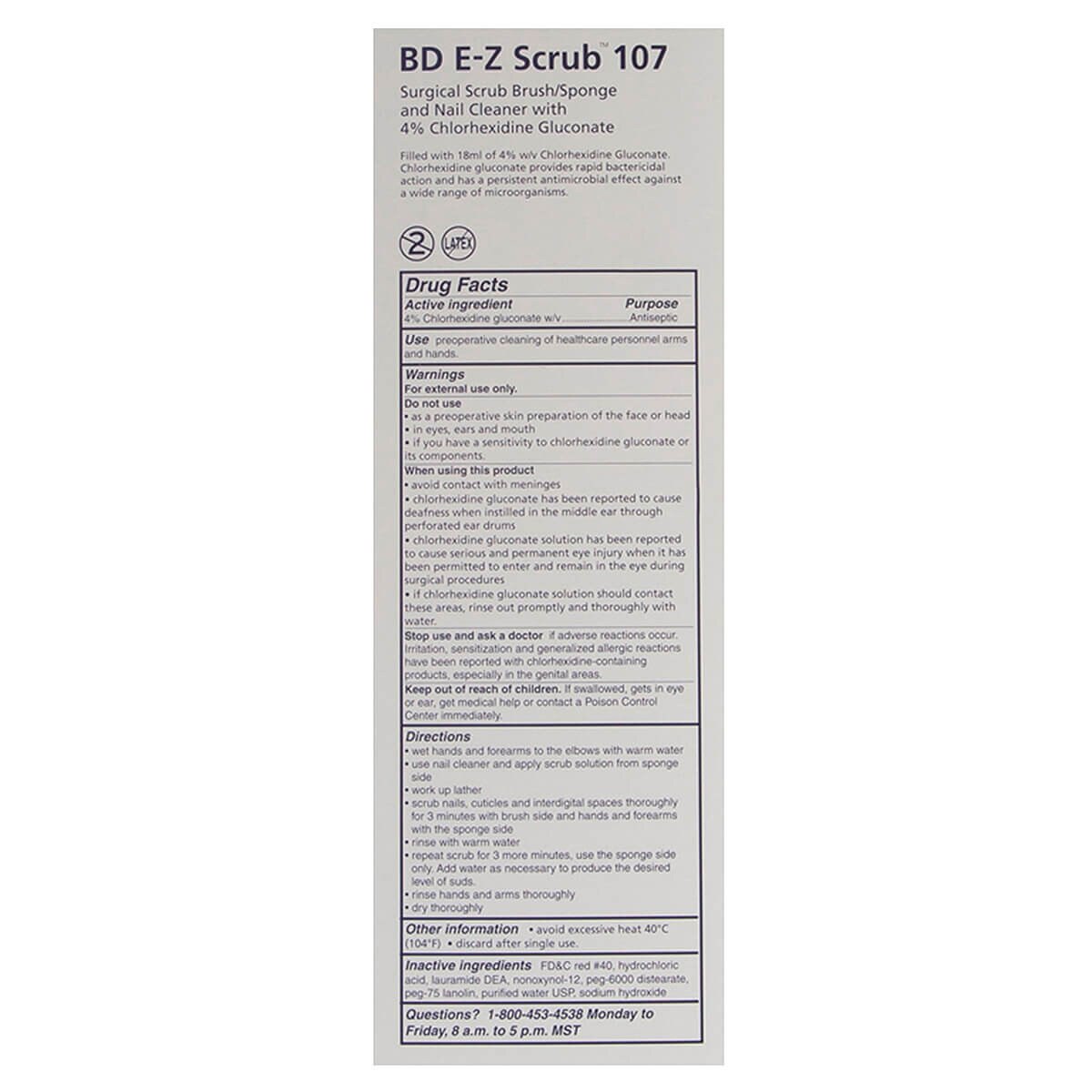 Back view of E-Z Scrub, 107 Surgical Brush/Sponge, 4% CHG with ingredients and instructions