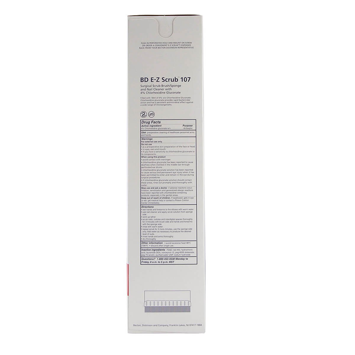 Back view of E-Z Scrub, 107 Surgical Brush/Sponge, 4% CHG with ingredients and instructions