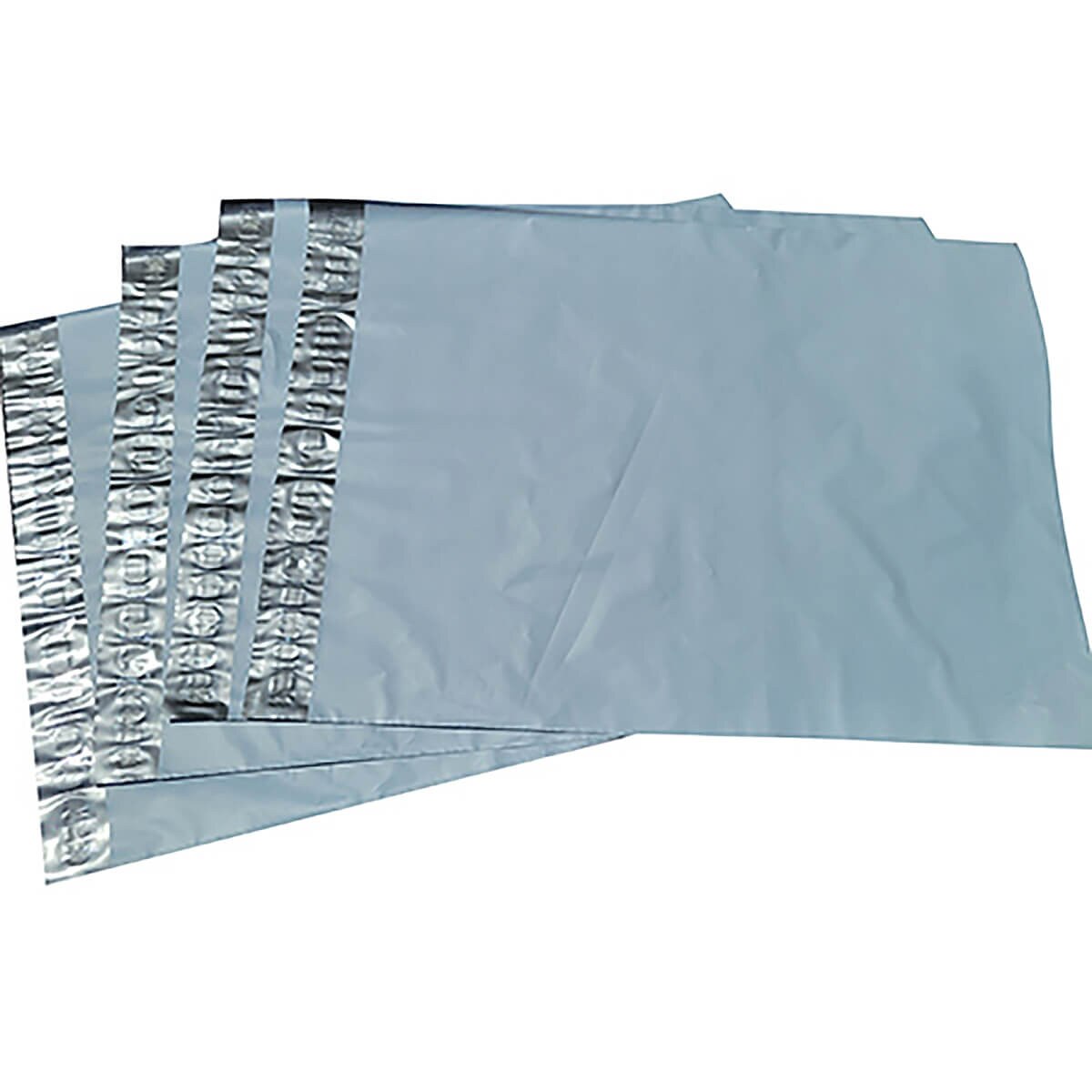 Stack of Sigma Supply 10 × 13-inch white poly mailers with silver lining and self-seal adhesive strips