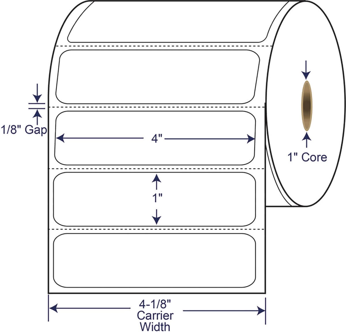 Continental Datalabel dimensions diagram showing 4" × 1" labels, 1" core and 4-1/8" carrier width