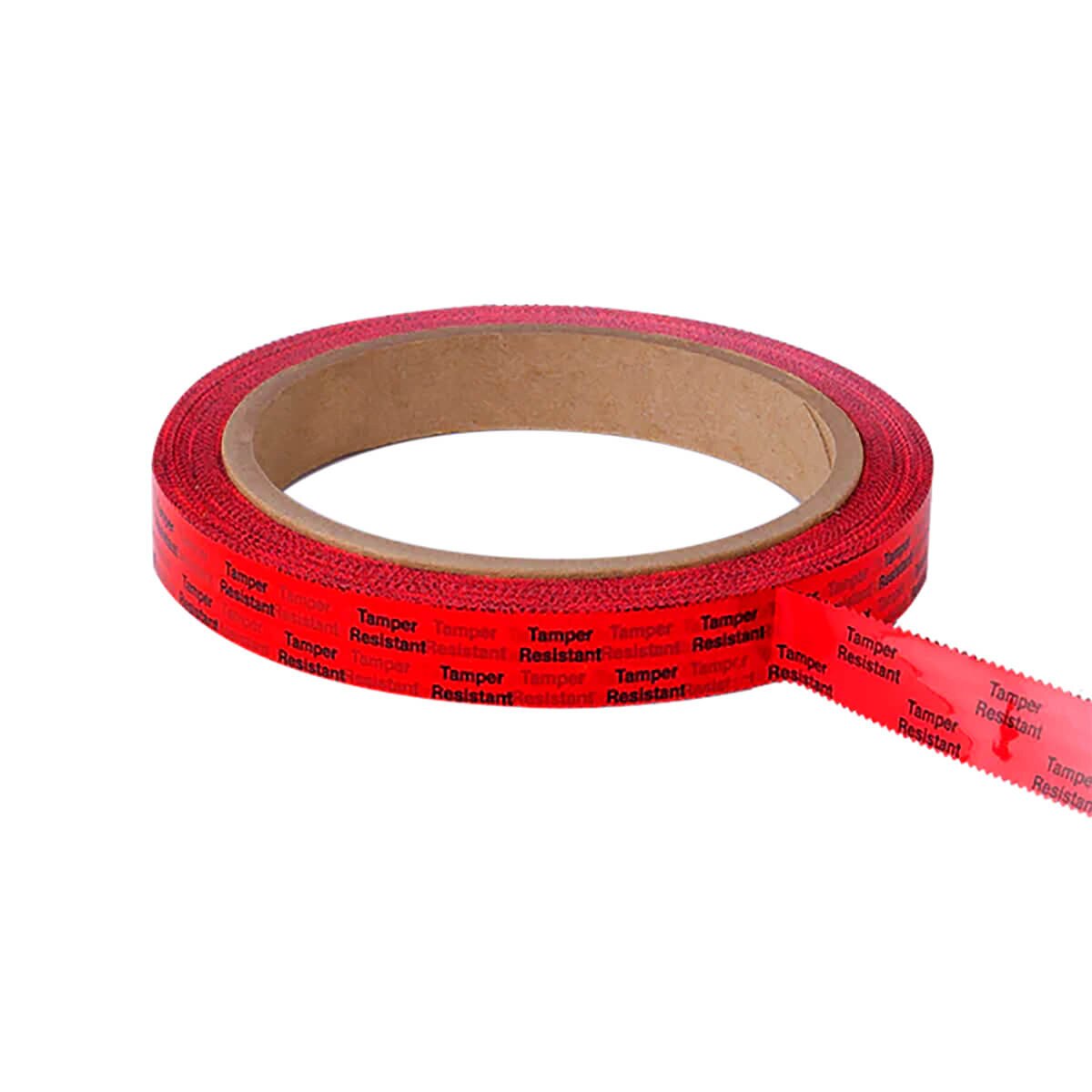 Apothecary Products red tamper-evident tape roll, .5" × 216', with 3" core and printed security text