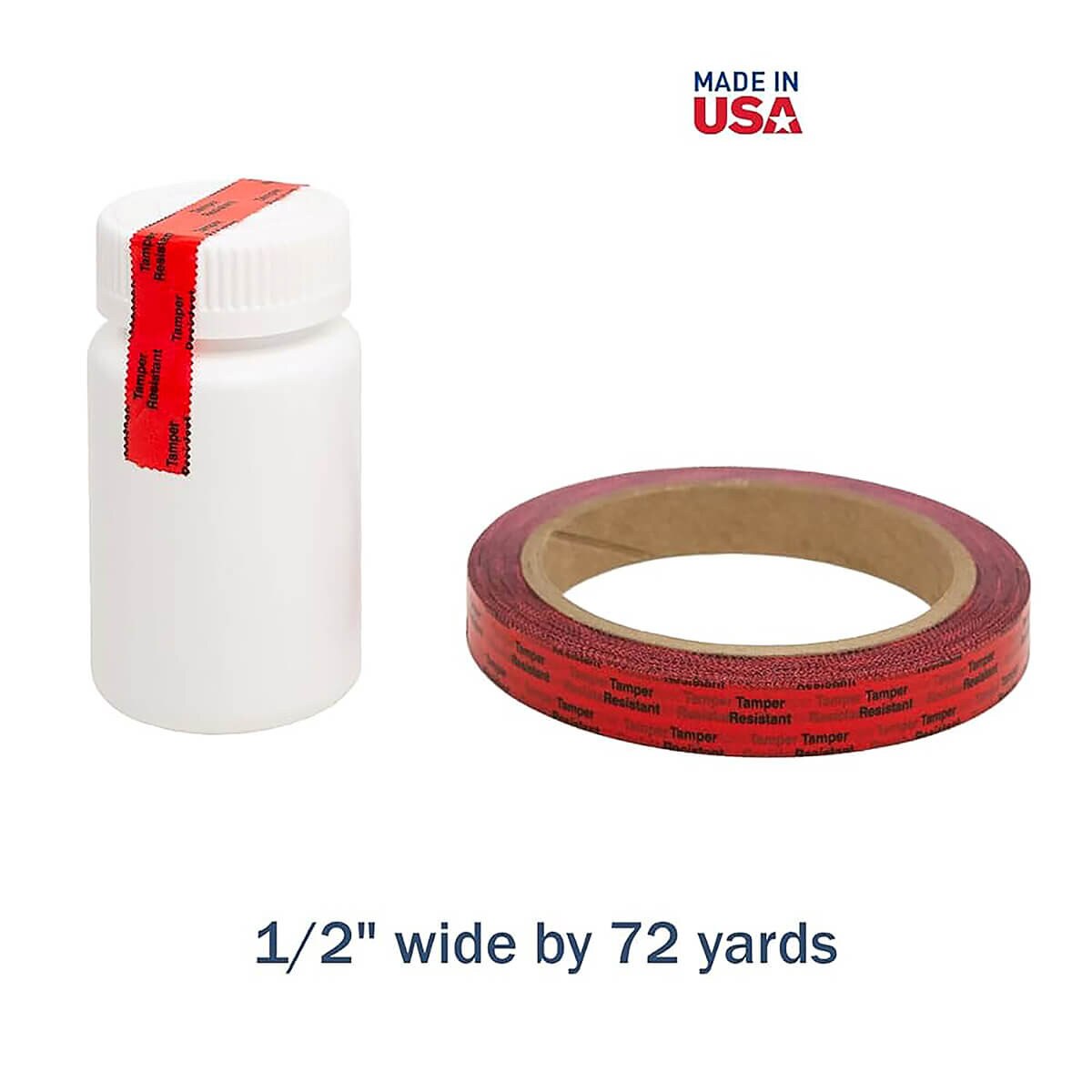 Apothecary Products red tamper-evident tape beside a sealed white prescription bottle, .5" × 216'