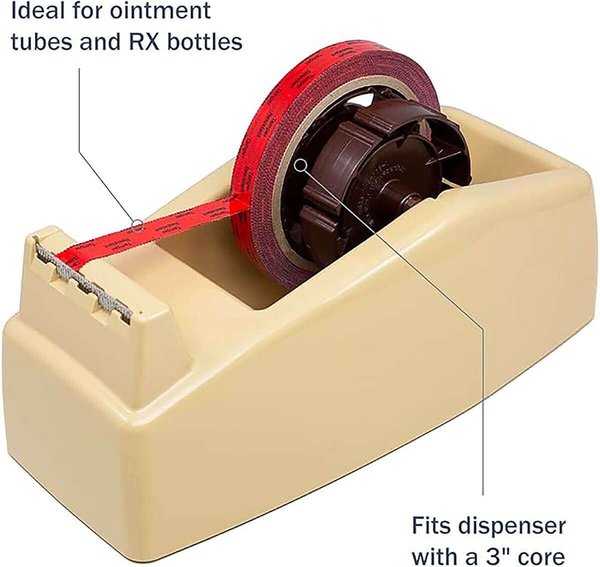 Apothecary Products red tamper-evident tape mounted in a desktop dispenser for sealing prescription bottles
