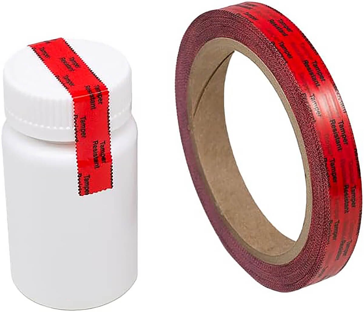 Close-up of Apothecary Products red tamper-evident tape roll and prescription bottle with security seal