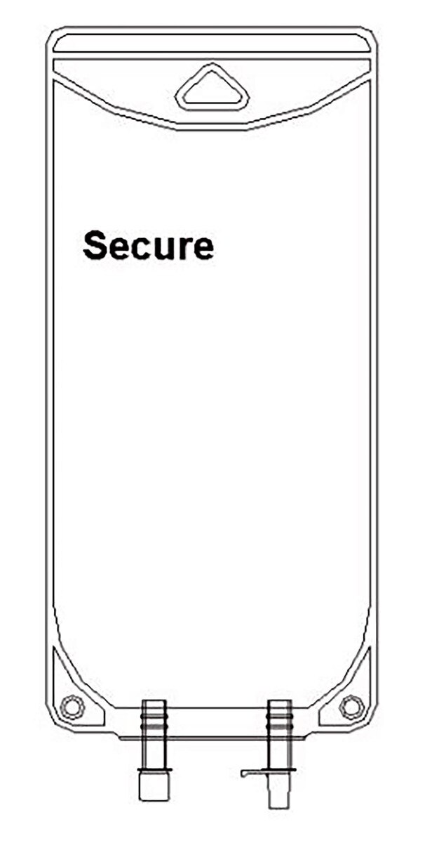 Technical diagram of the Metrix Secure 500 mL EVA bag with two-port configuration
