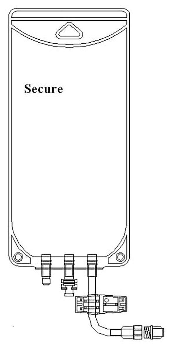 Technical diagram of the Metrix Secure 664 Series 250 mL EVA legless bag and connector configuration