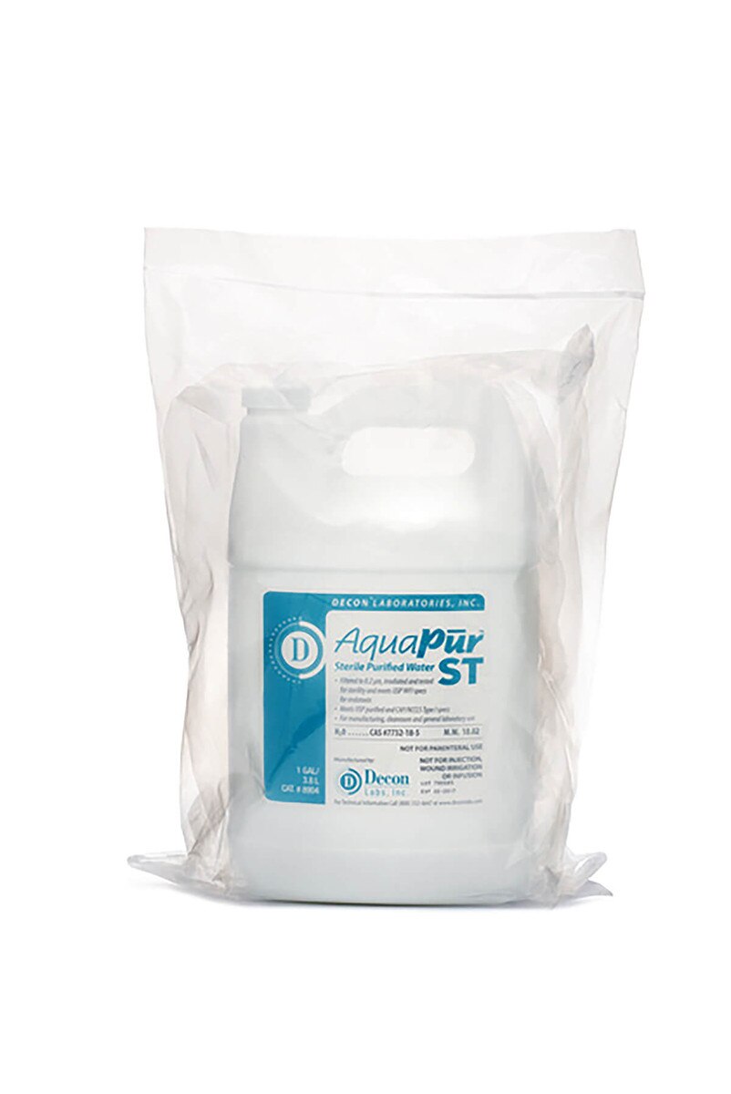 Single gallon of AquaPur ST sterile purified USP water sealed inside sterile bag, front label visible.