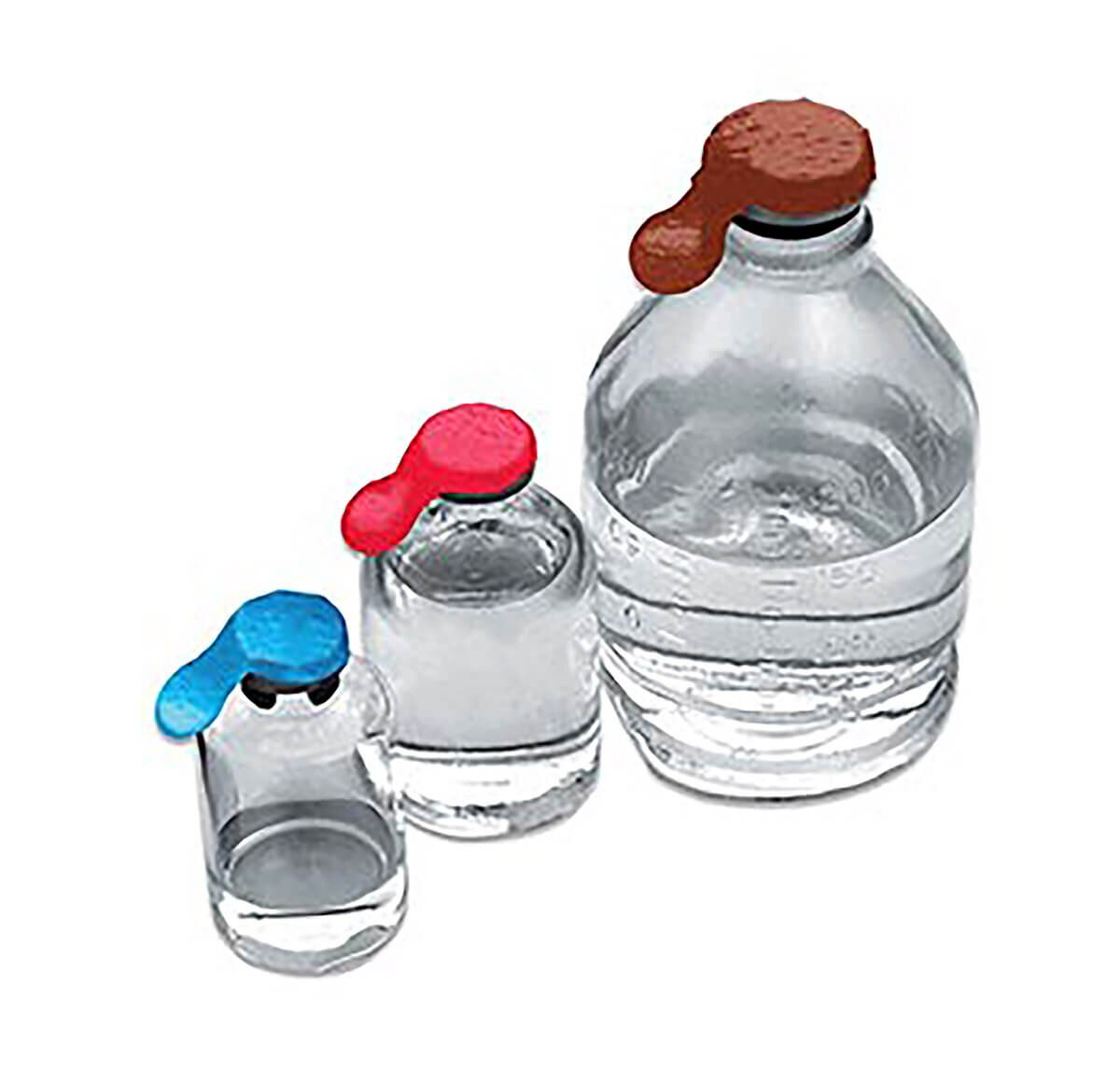 ChemoPlus IVA tamper-evident seals in multiple colors applied to three medication vial sizes