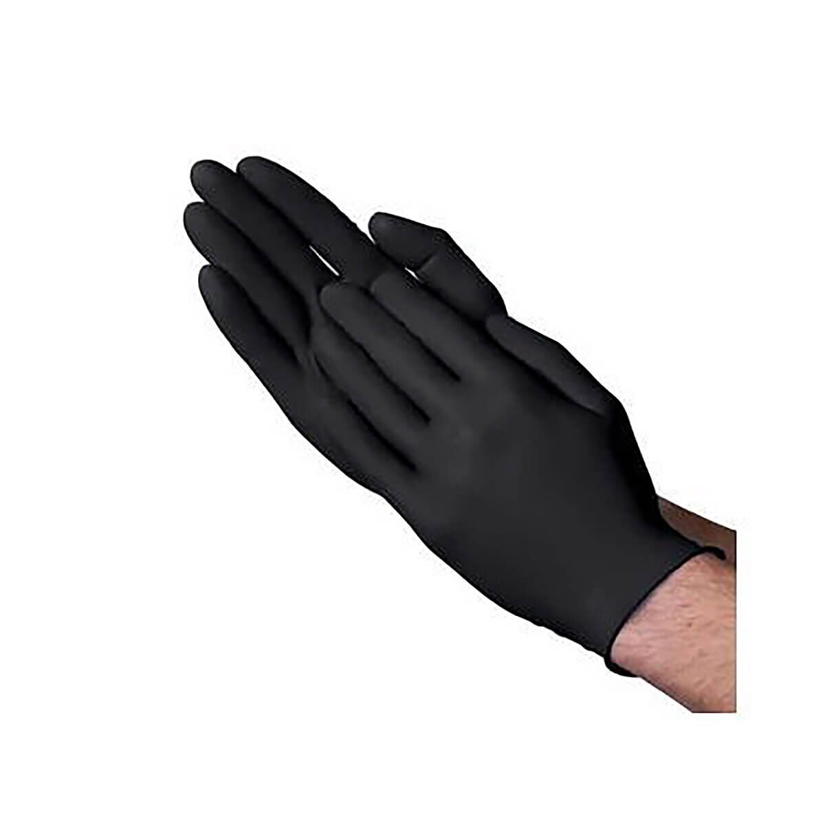 VGuard black nitrile exam glove worn on hand showing textured fingertip grip