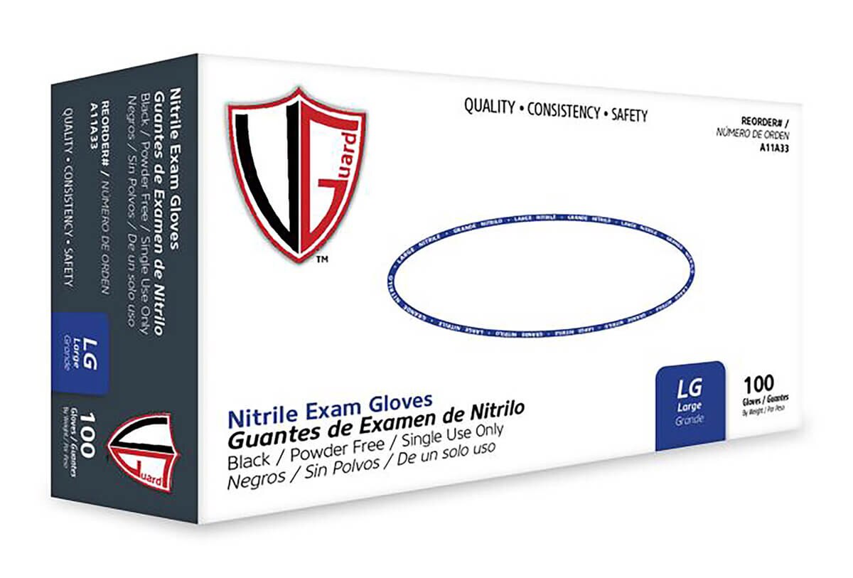 VGuard black nitrile exam gloves box packaging, powder-free disposable gloves