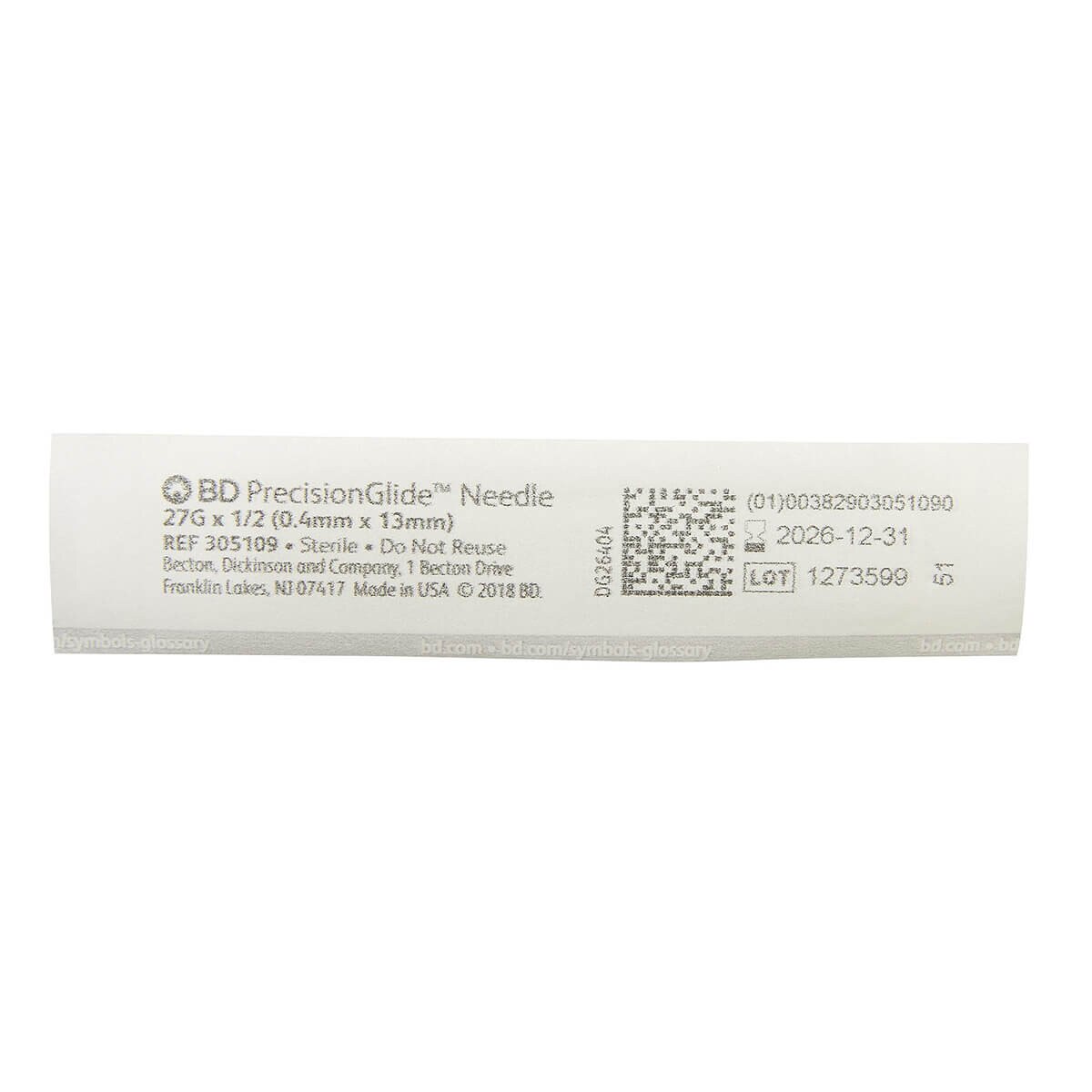 Individual sterile package for BD PrecisionGlide 27 G × 1/2-inch hypodermic needle, reference 305109
