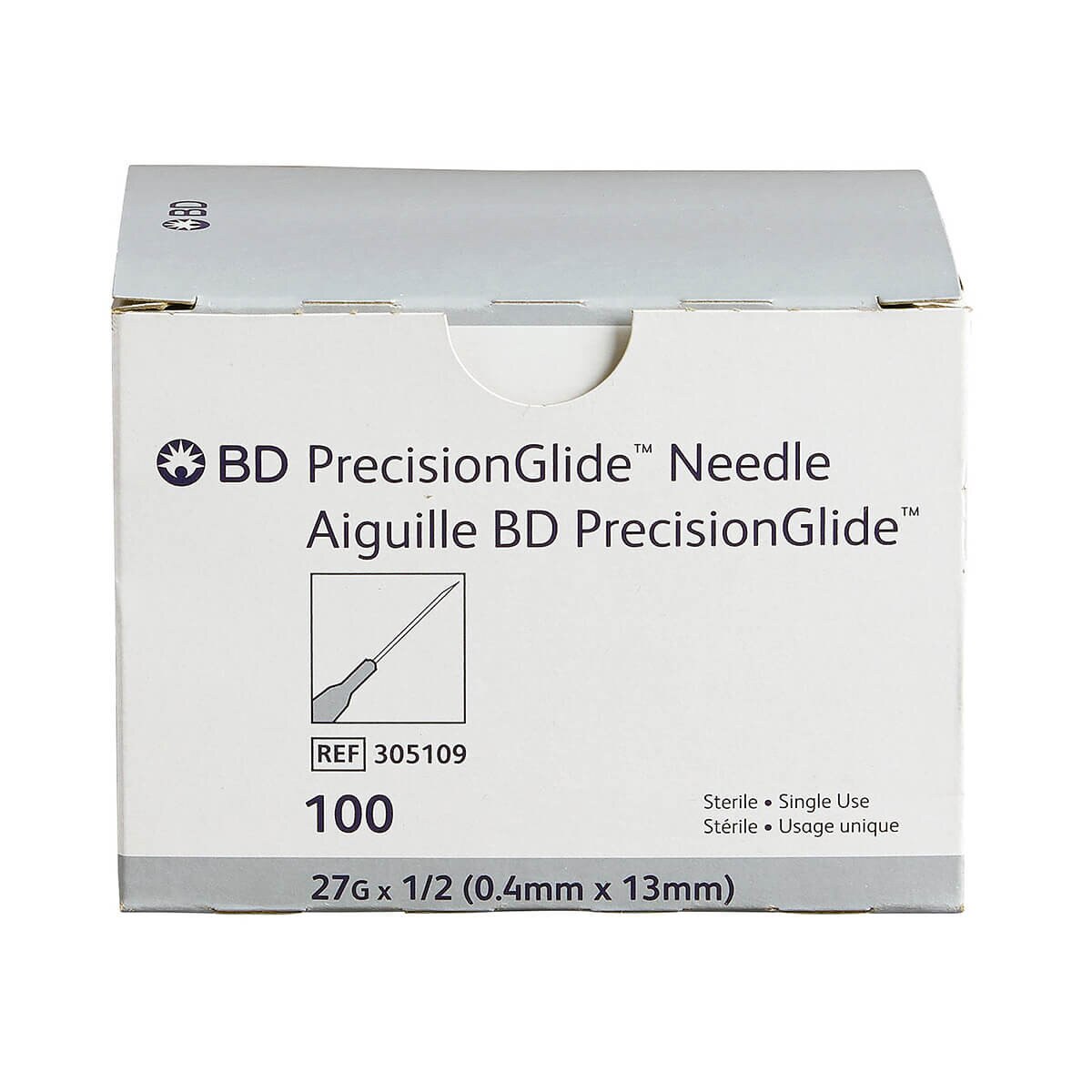 Front view of BD PrecisionGlide 27 G × 1/2-inch hypodermic needle box containing 100 sterile needles