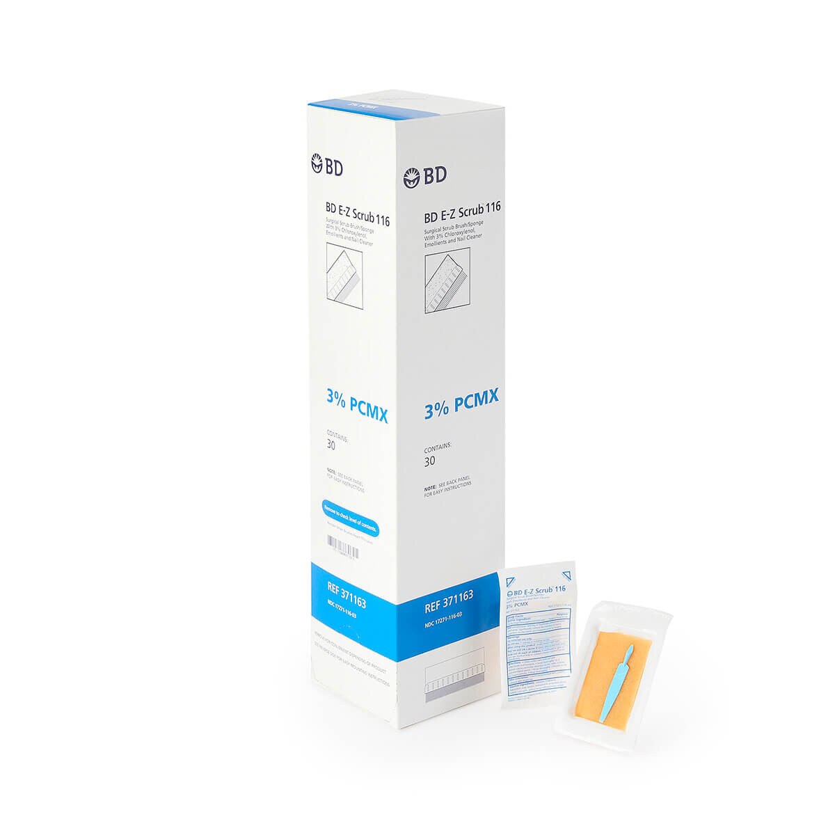 Angled view box of E-Z Scrub, 116 Surgical Brush/Sponge, 3% PCMX