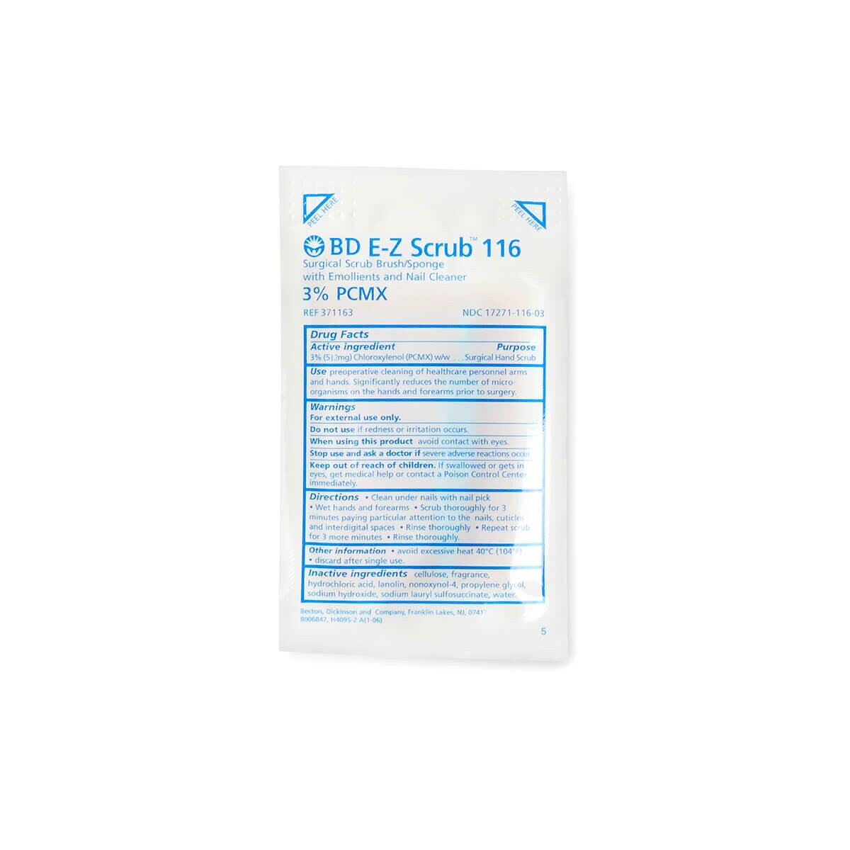 Ingredients and instruction label of E-Z Scrub, 116 Surgical Brush/Sponge, 3% PCMX