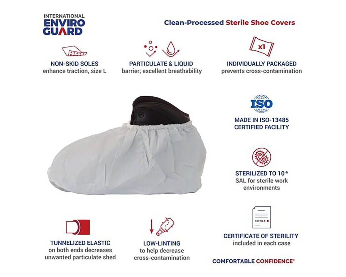 International Enviroguard sterile shoe-cover infographic highlighting non-skid soles, barrier protection, tunnelized elastic, and low-linting construction