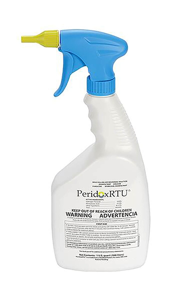 Single Peridox RTU 32oz trigger-spray bottle with blue sprayer head and yellow dispensing tip.