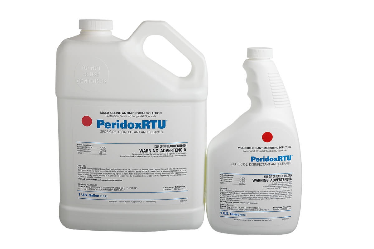 Side-by-side display showing one Peridox RTU gallon bottle next to one 32oz re-closable bottle, both upright.