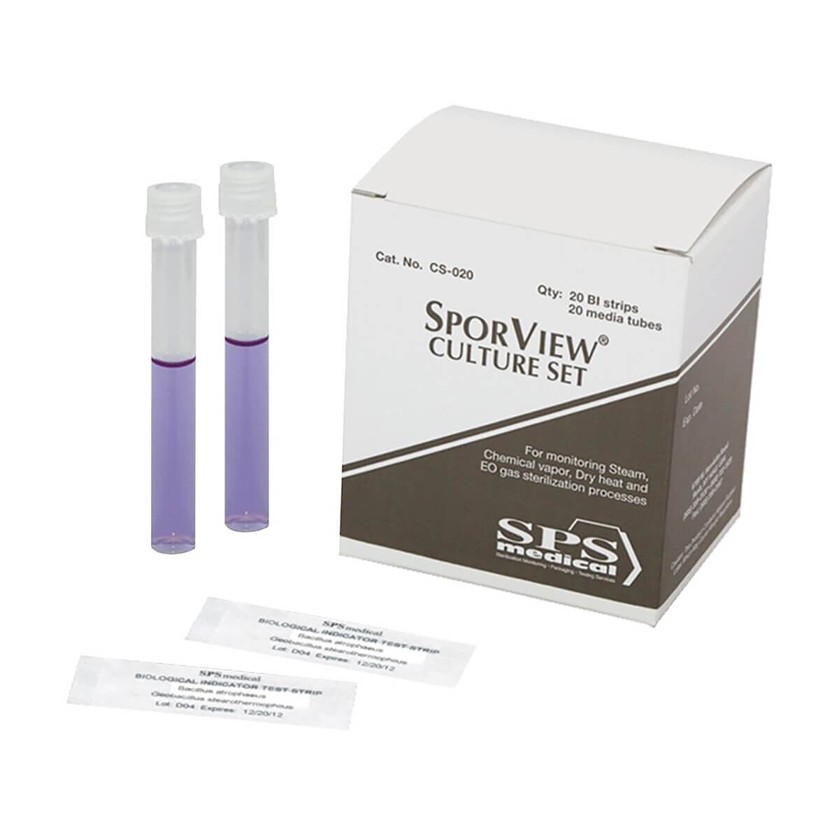SporView CS-020 biological indicator culture set with purple media tubes and spore strips for sterilization monitoring