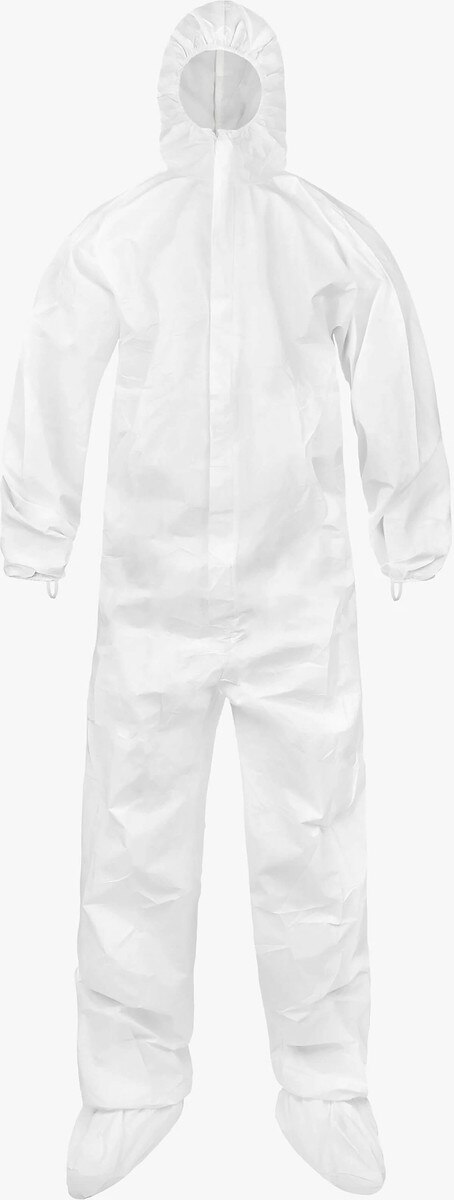 Front view of Lakeland CleanMax sterile white cleanroom coverall, 3XL, with attached hood, boots, zipper closure, and thumb loops