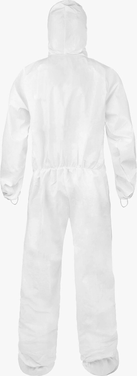 Rear view of Lakeland CleanMax sterile white cleanroom coverall, 3XL, showing the attached hood, boots, and elastic back