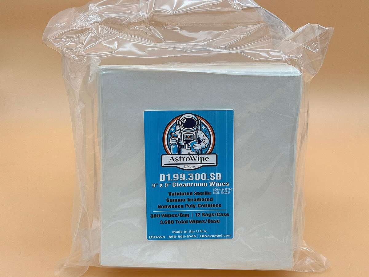 Packaged bundle of AstroWipe sterile cleanroom wipes with blue product label, sealed inside clear poly wrap