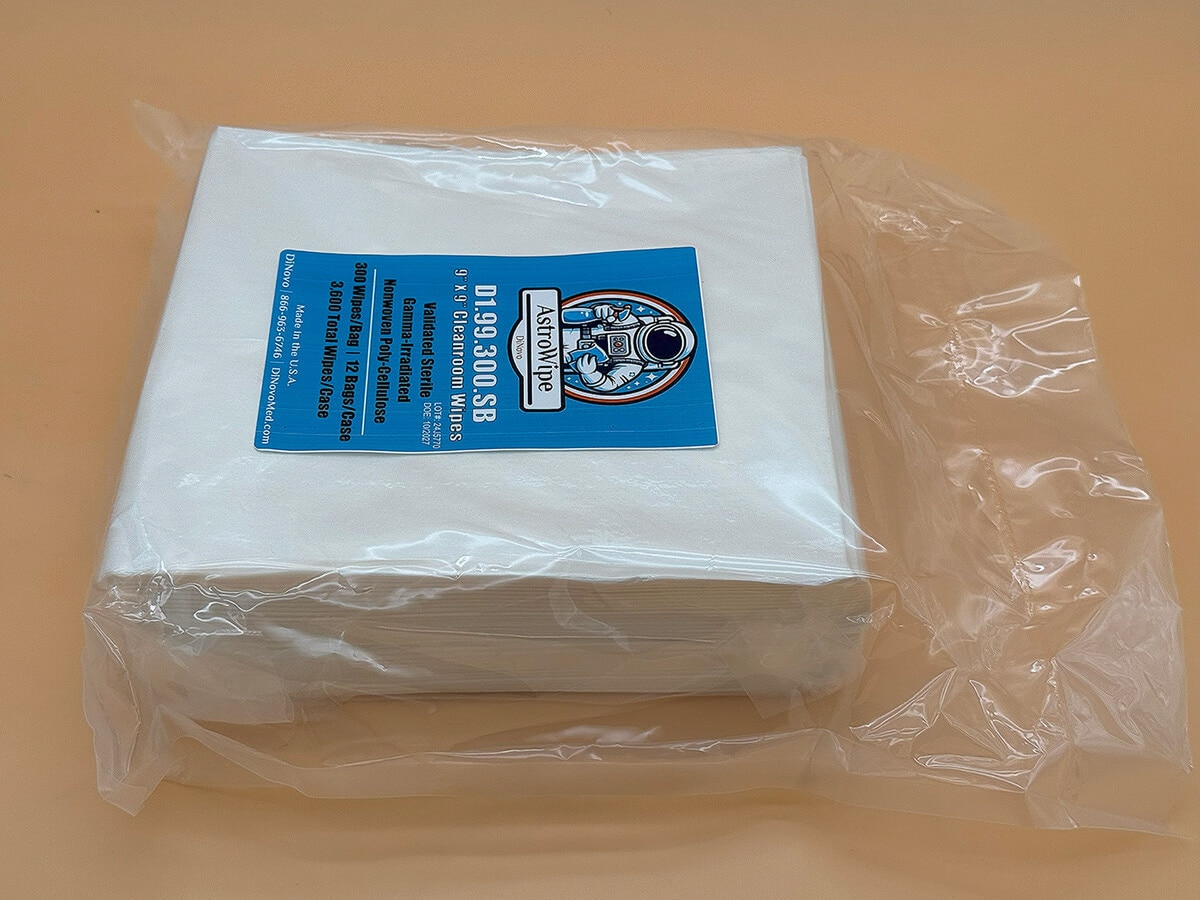Top-view of AstroWipe cleanroom wipes bundle showing the label placed flat on packaged wipes