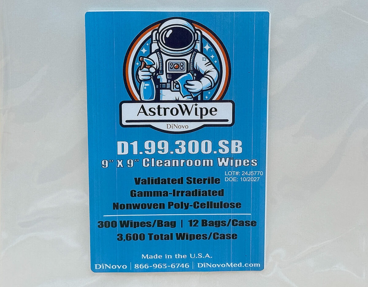 Close-up view of AstroWipe wipe label showing brand logo and product details