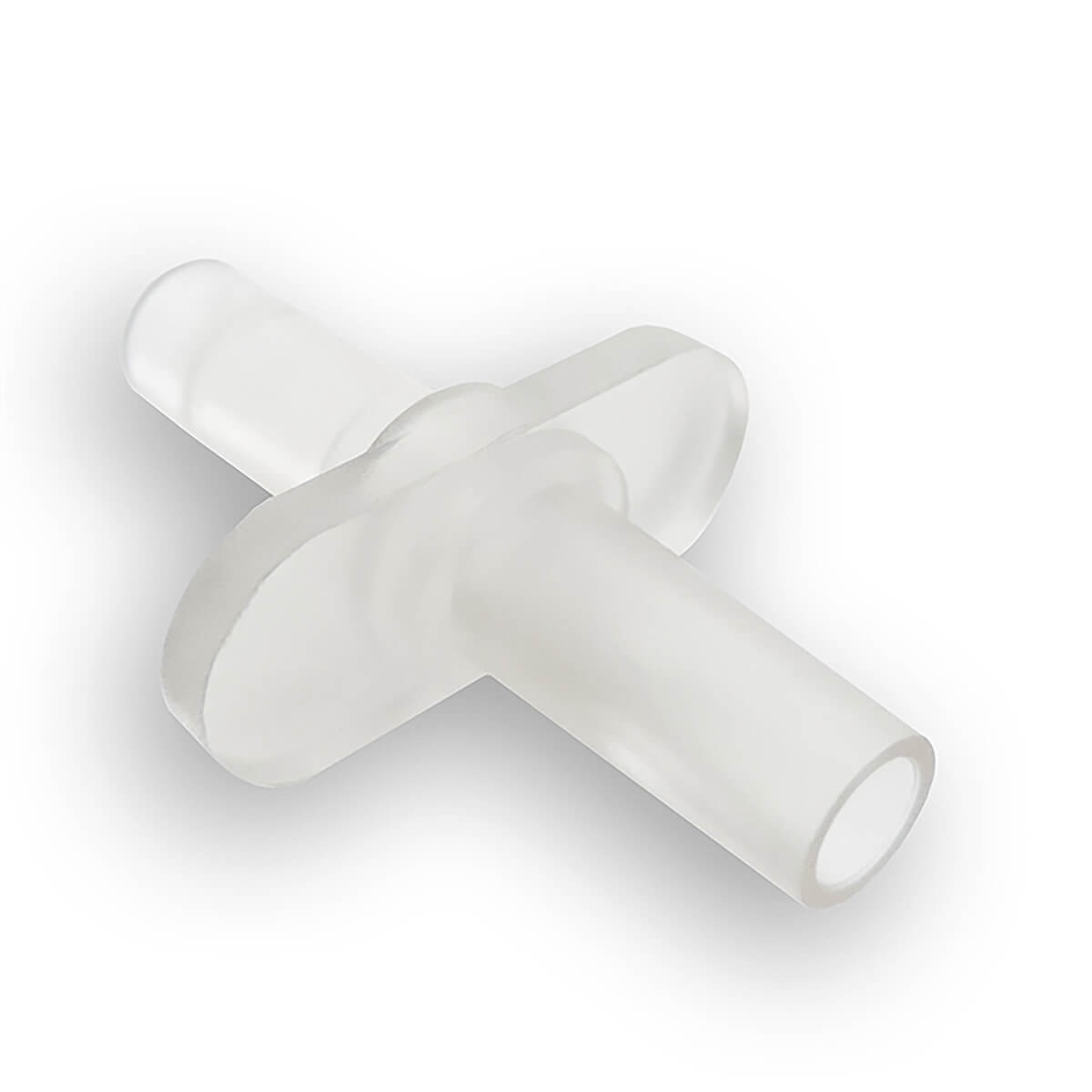 IMI Prep-Fill sterile male-to-male Luer Slip adapter with two tapered connector ends and center grip, angled view