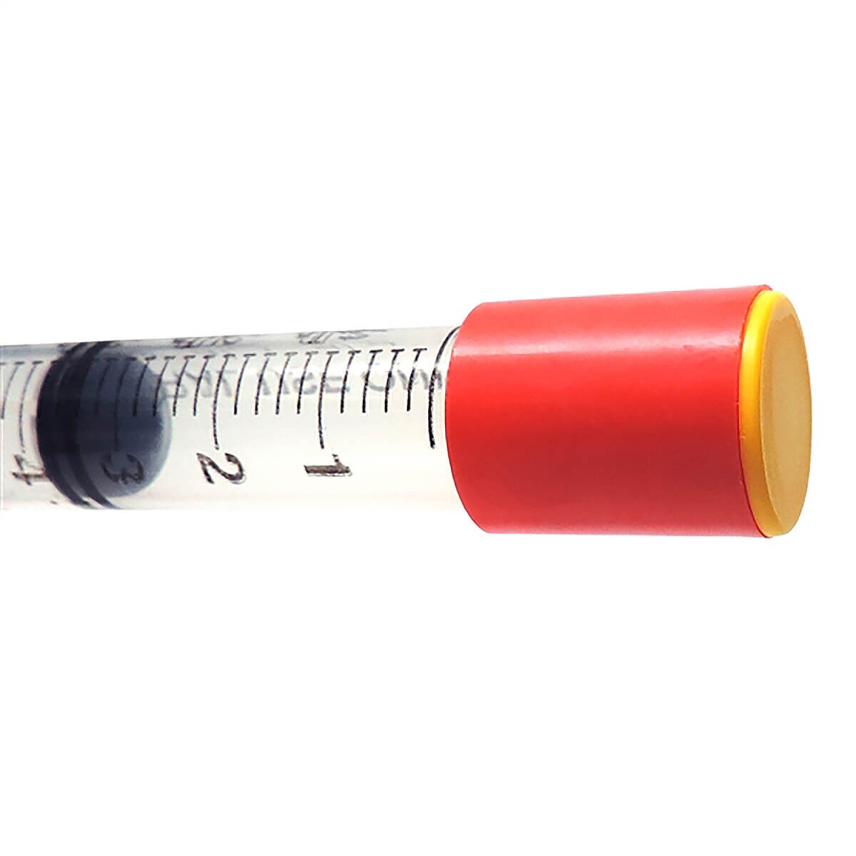 Red and yellow IMI Prep-Lock cap components with break-away tamper-evident sleeve