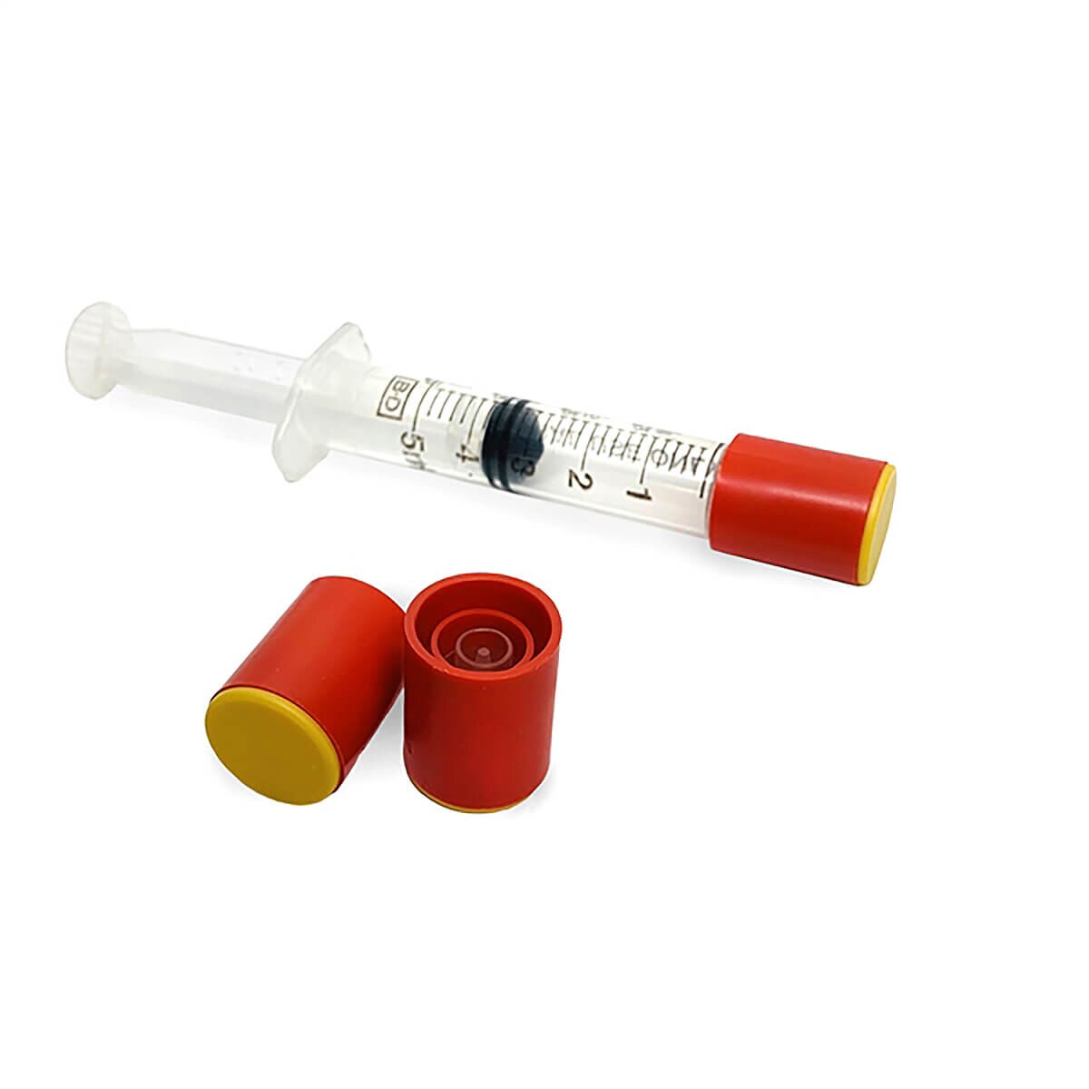 Opened IMI Prep-Lock cap showing the broken sleeve and retained ring on a BD UniVia dispenser