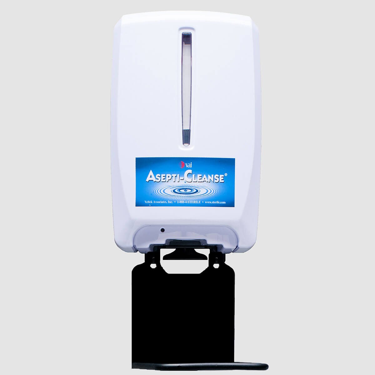 Front view of ASEPTI-CLEANSE wall-mounted dispenser unit with visible blue product label.