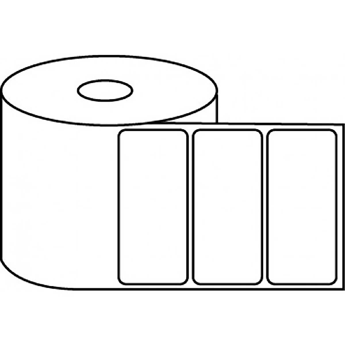 Illustration of Label Products 3.5" × 1.4375" inkjet labels with rounded corners on a 1,000-label roll