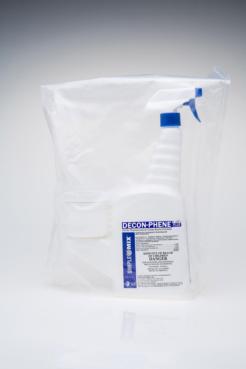 Sterile-bagged Decon-Phene 16oz trigger spray bottle sealed inside a clear overwrap bag.