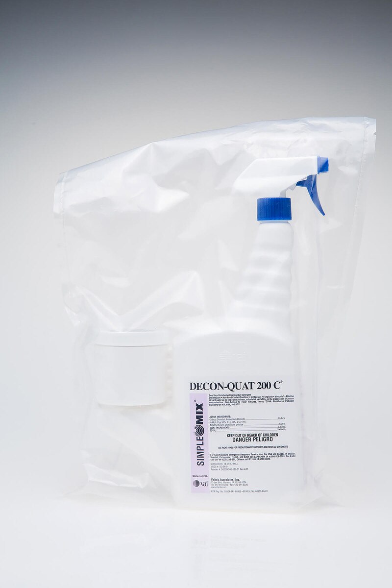 Sterile DECON-QUAT 200C 16oz trigger spray bottle sealed inside a clear sterile bag, with the blue trigger and product label visible through the packaging.