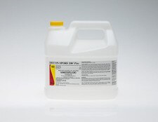 DECON-SPORE 200 Plus 1-gallon concentrate container with yellow cap, displayed on a clean white reflective surface with the product label facing forward.