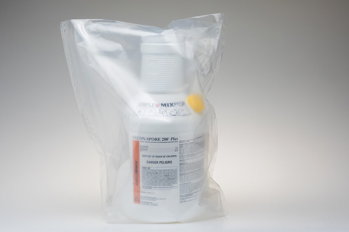decon-spore 200 plus 3 percent gallon container sealed inside a cleanroom compatible sterile bag